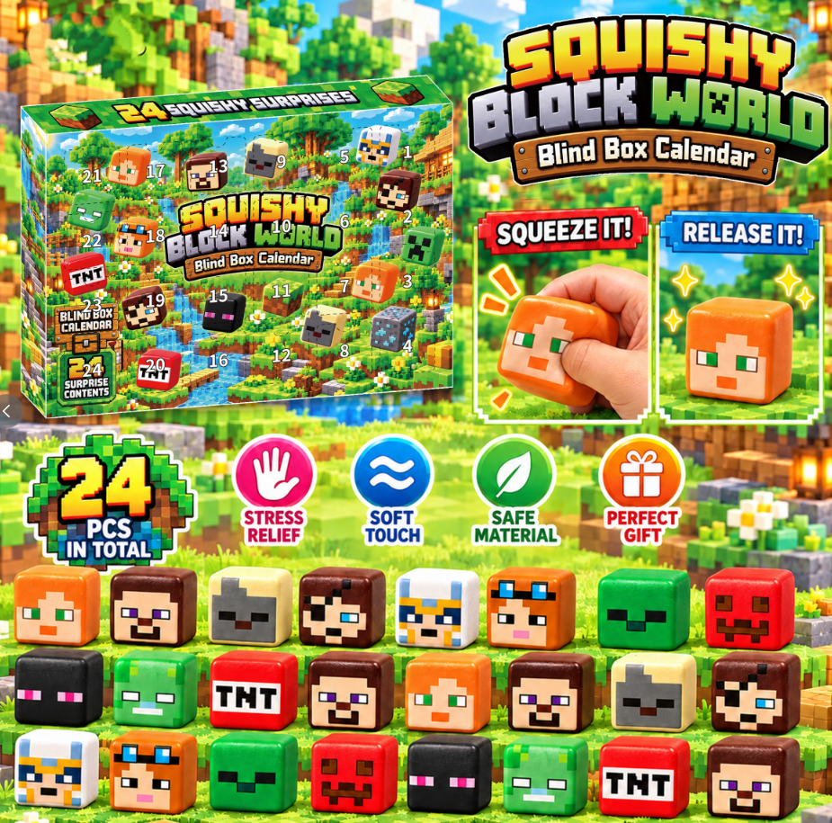 Original green block-landscape countdown box with colorful cube-shaped squishy characters arranged in three rows