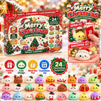Original red-and-cream Christmas advent-calendar box with illustrated dumpling squishies wearing holiday hats, scarves and festive details