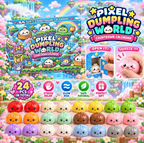 Original pixel-landscape countdown box with 24 colorful smiling dumpling squishies arranged in rows, including repeated colors