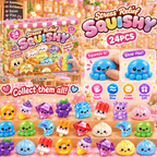 Original pink illustrated countdown box and colorful mixed squishy characters, including dumplings, octopuses, gems and food shapes