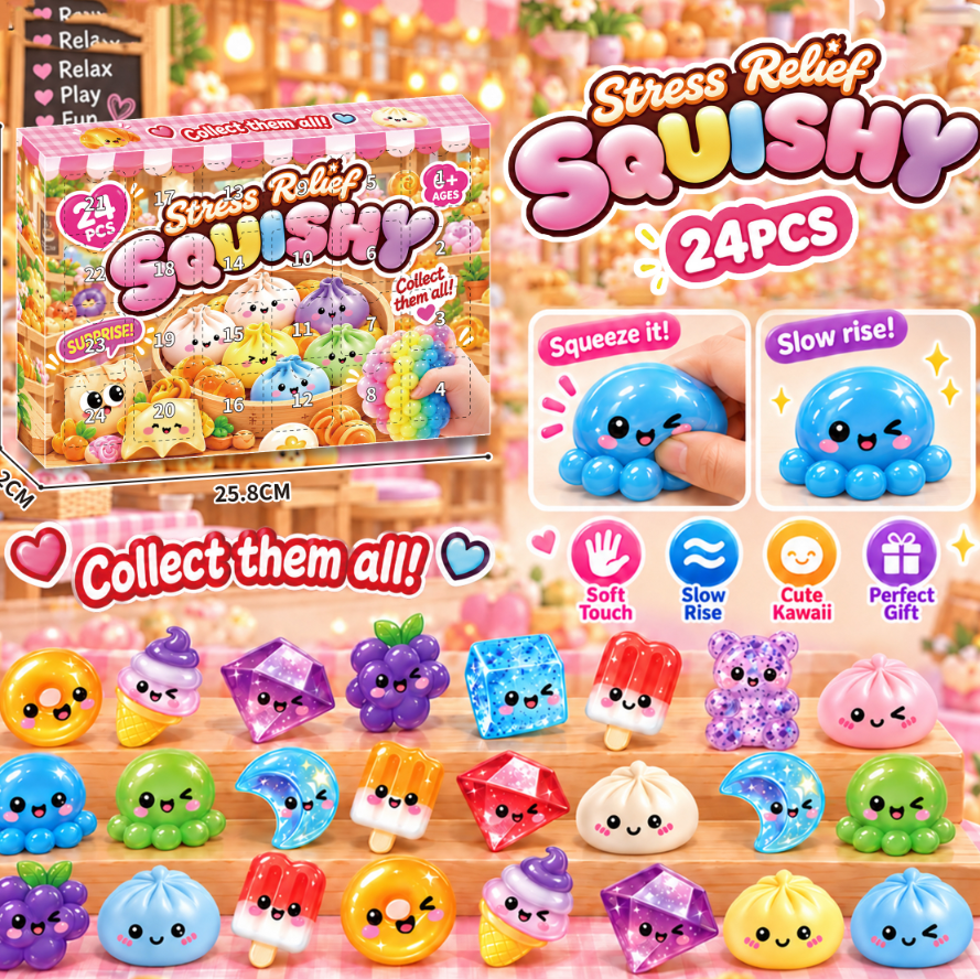 Original pink illustrated countdown box and colorful mixed squishy characters, including dumplings, octopuses, gems and food shapes