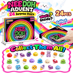 Original black countdown box with bold rainbow artwork and a pictured assortment of 24 colorful small squishy characters