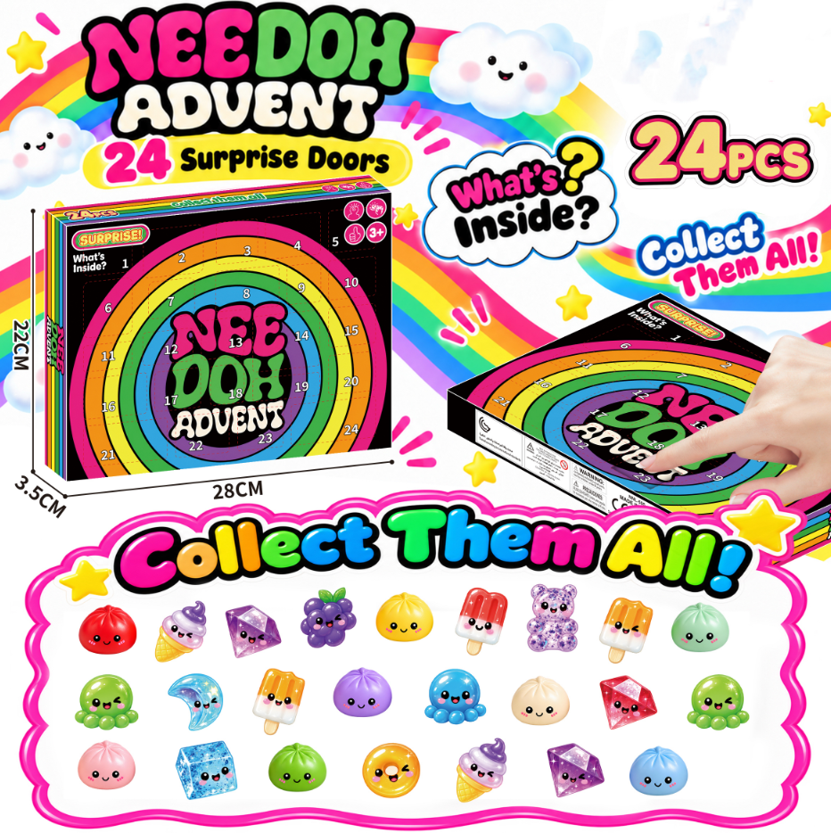 Original black countdown box with bold rainbow artwork and a pictured assortment of 24 colorful small squishy characters