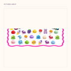 Full-width original three-row pictured assortment of colorful squishy characters beneath the rainbow countdown box