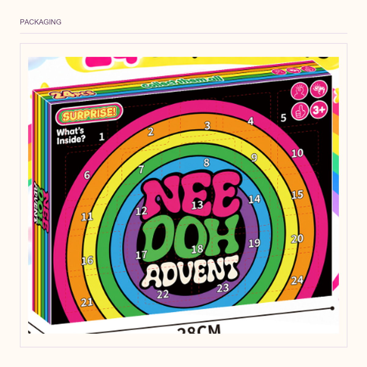 Original black rainbow squishy countdown box with numbered doors and existing supplier branding