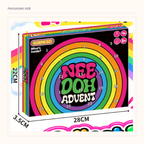 Original rainbow countdown-box view with printed 22 cm, 28 cm and 3.5 cm package-dimension annotations