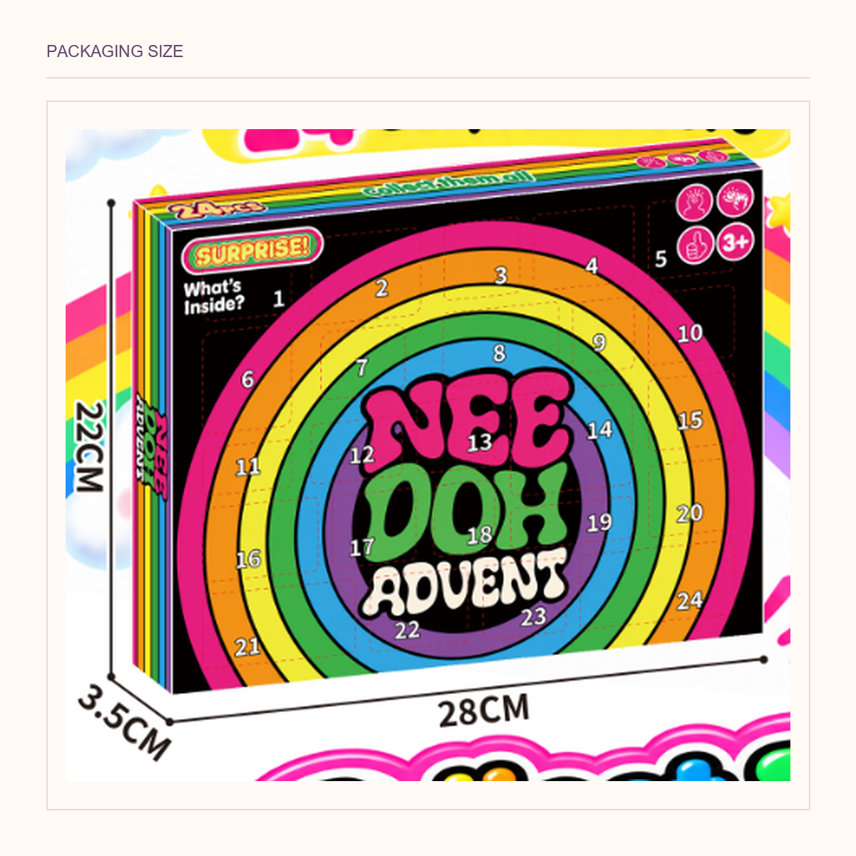 Original rainbow countdown-box view with printed 22 cm, 28 cm and 3.5 cm package-dimension annotations