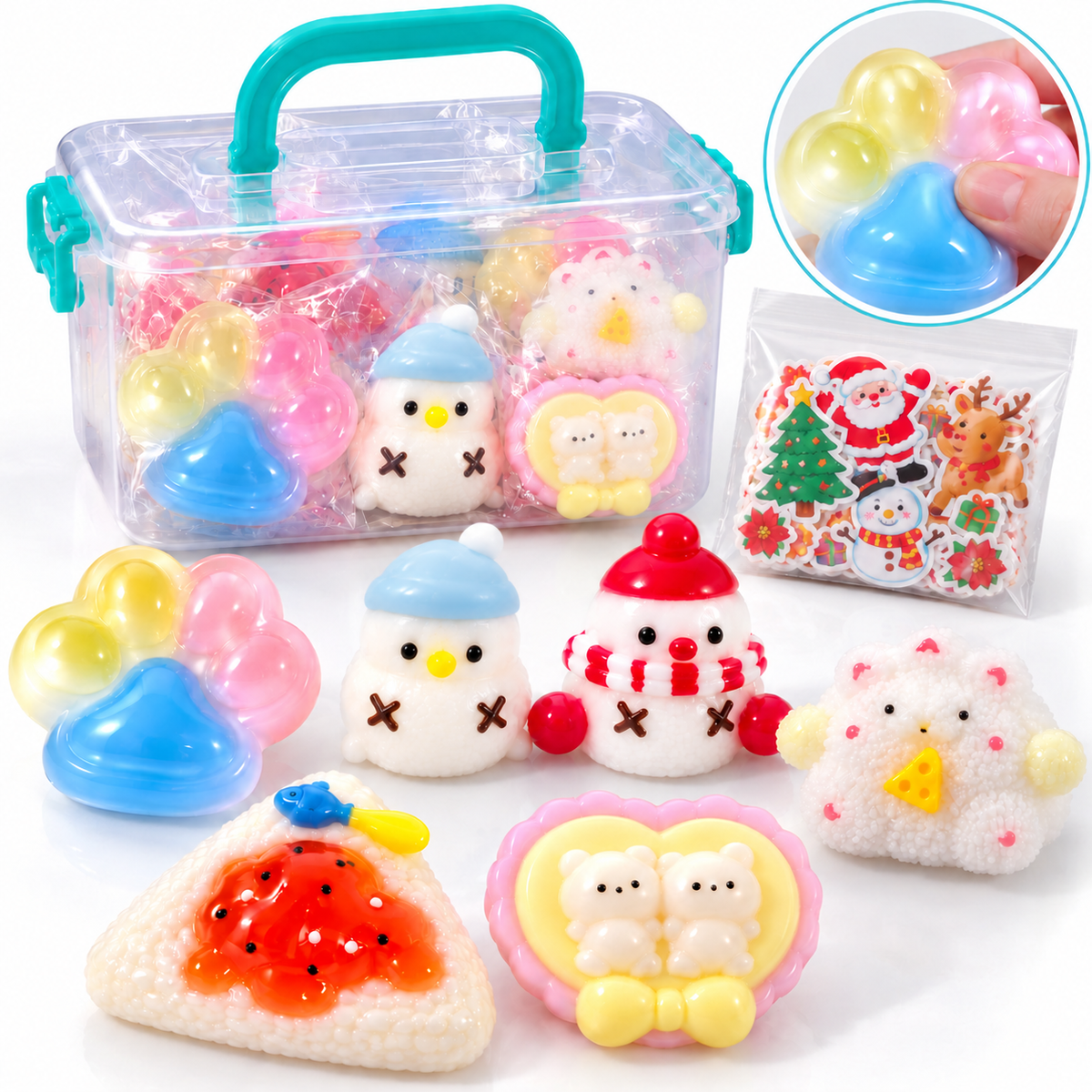 7 Pack Cute TPR Squishy Toys Gift Set with Storage Box & Stickers – Soft Sensory Fidget Toys for Kids