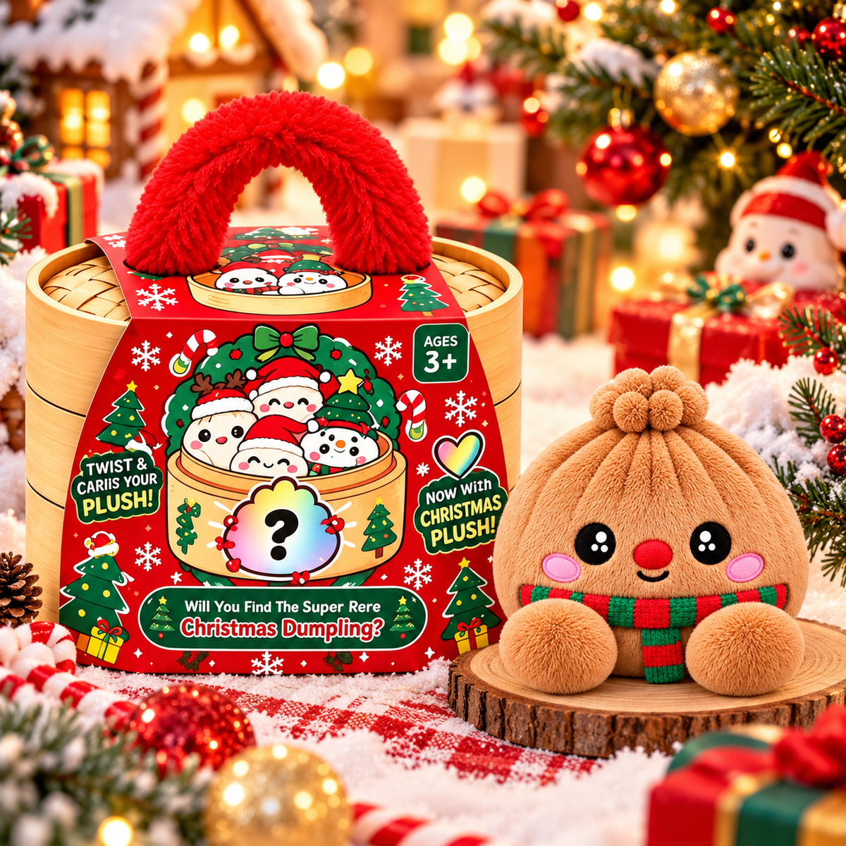 Christmas Dumpling Plush Mystery Box – Cute Cotton Stuffed Dumpling Toys with Steamer Basket Gift Set